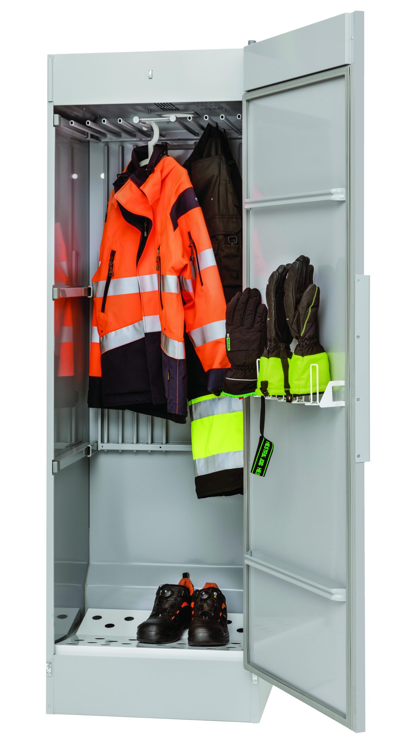 Cabina de secado Electrolux Línea 6000 con ropa de alta visibilidad, guantes y calzado de protección